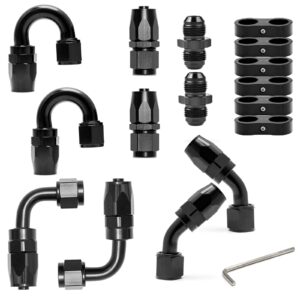 Fuel Hose Fitting Kit - 8 Black Anodized T6061 Aluminum Swivel Fittings (Straight/45°/90°/180°) + 6 Separator Clamps