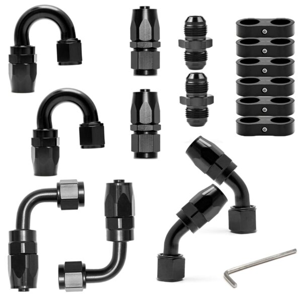 Fuel Hose Fitting Kit - 8 Black Anodized T6061 Aluminum Swivel Fittings (Straight/45°/90°/180°) + 6 Separator Clamps