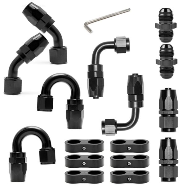 Fuel Hose Fitting Kit - 8 Black Anodized T6061 Aluminum Swivel Fittings (Straight/45°/90°/180°) + 6 Separator Clamps - Image 2