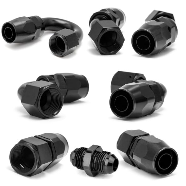 Fuel Hose Fitting Kit - 8 Black Anodized T6061 Aluminum Swivel Fittings (Straight/45°/90°/180°) + 6 Separator Clamps - Image 3