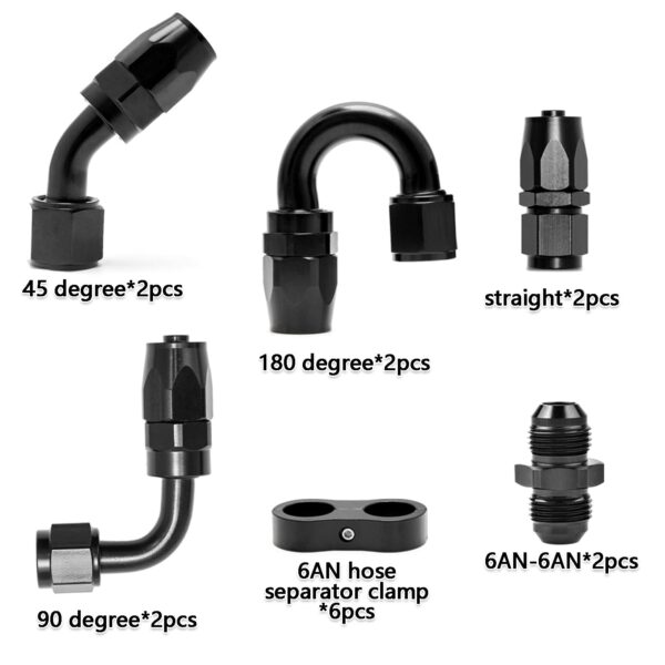 Fuel Hose Fitting Kit - 8 Black Anodized T6061 Aluminum Swivel Fittings (Straight/45°/90°/180°) + 6 Separator Clamps - Image 4