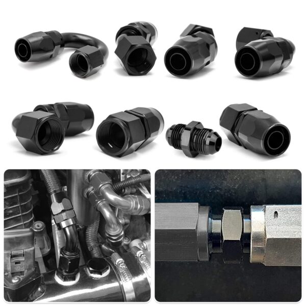 Fuel Hose Fitting Kit - 8 Black Anodized T6061 Aluminum Swivel Fittings (Straight/45°/90°/180°) + 6 Separator Clamps - Image 6