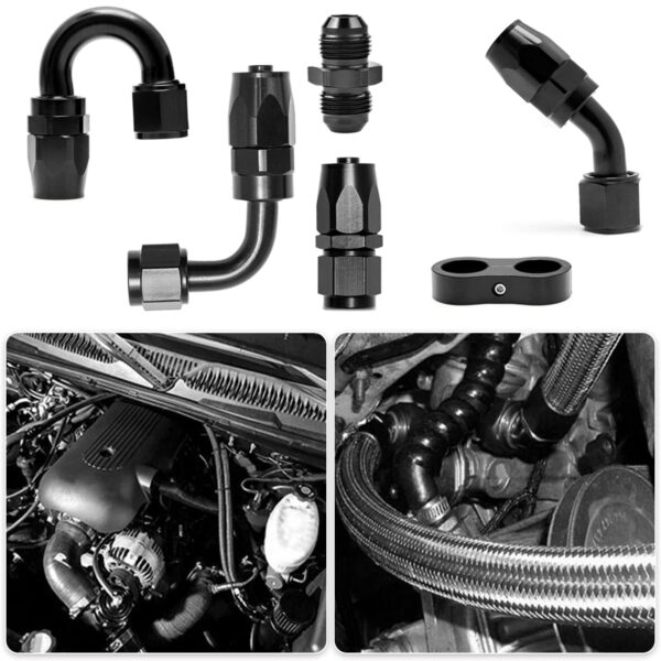 Fuel Hose Fitting Kit - 8 Black Anodized T6061 Aluminum Swivel Fittings (Straight/45°/90°/180°) + 6 Separator Clamps - Image 7