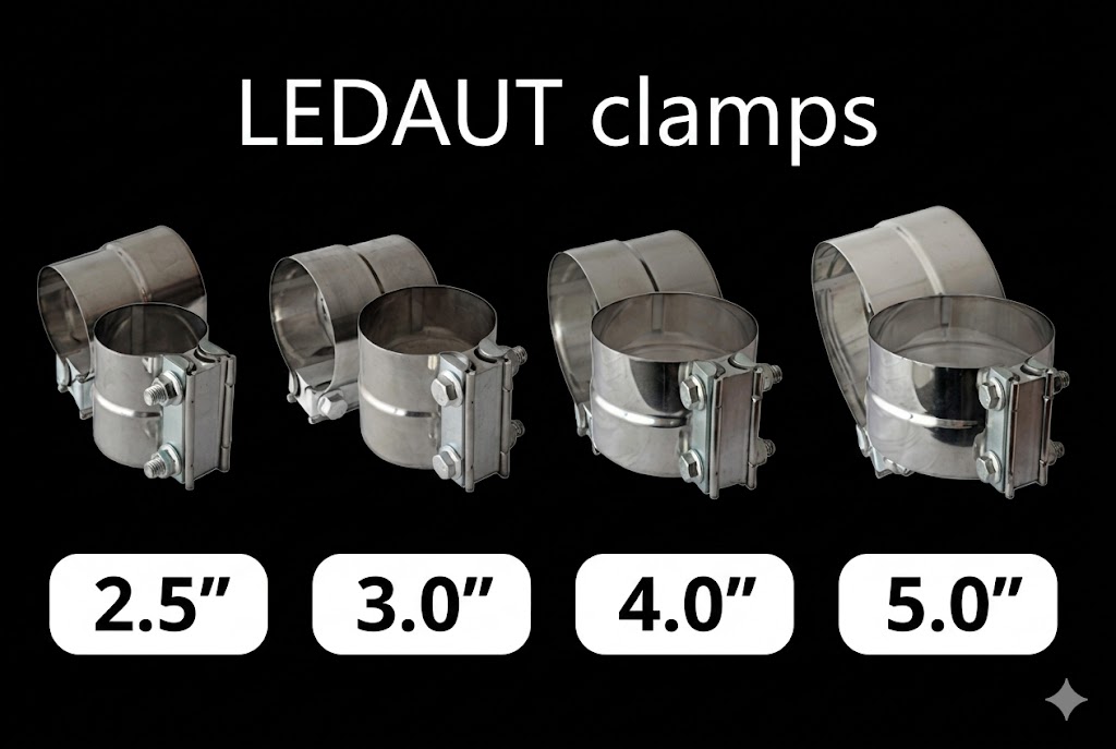 LEDAUT exhaust clamp size comparison 2.5 to 5.0 inch