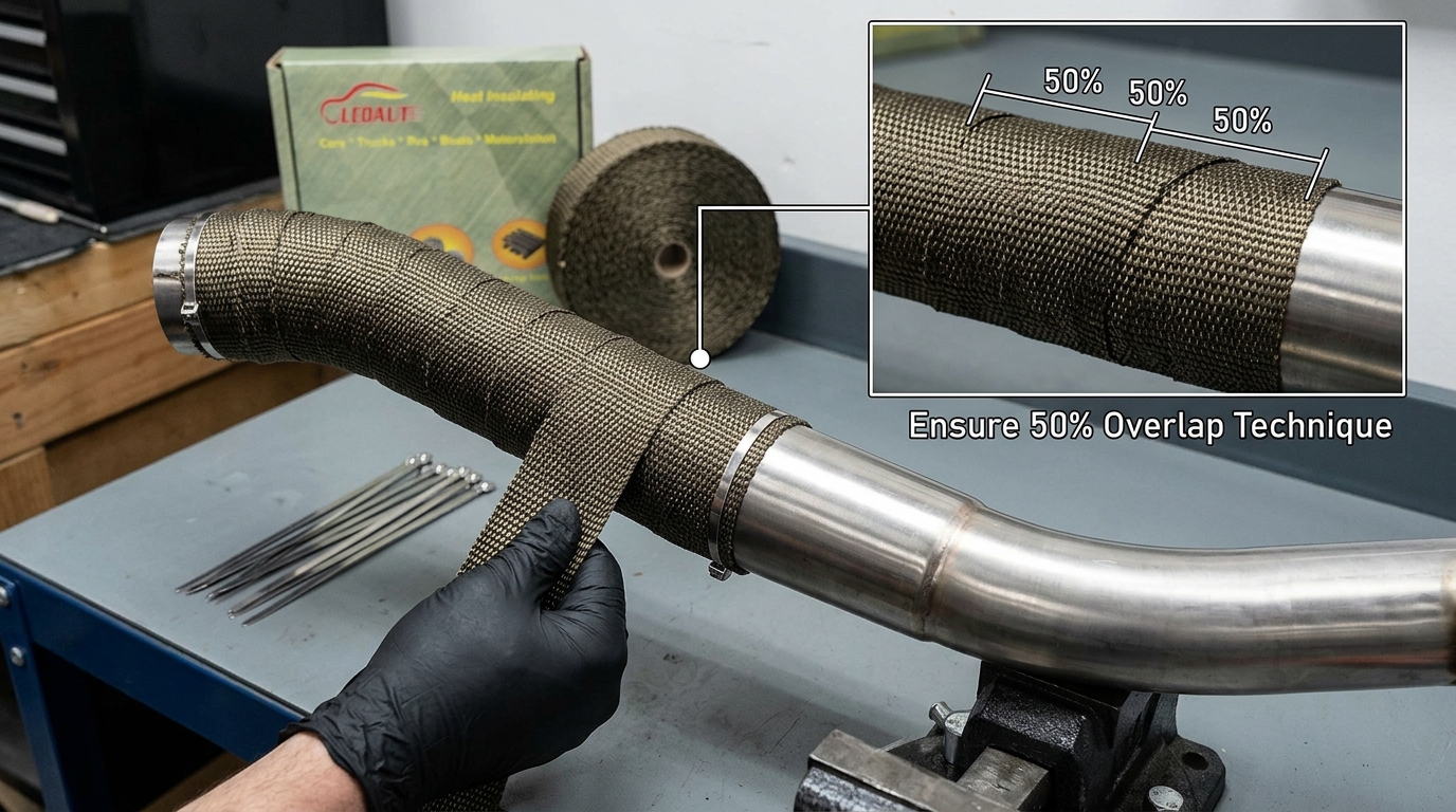 How to install exhaust heat wrap with 50 percent overlap technique