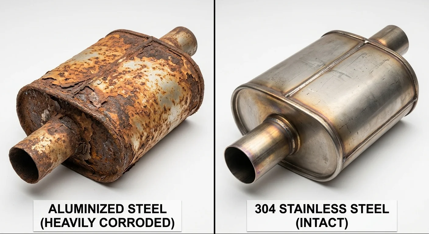 rusted aluminized vs clean 304 stainless muffler comparison
