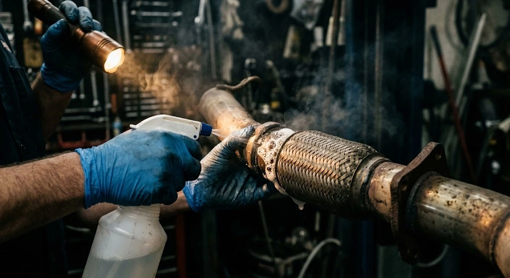 exhaust leak test on flex pipe with soapy water