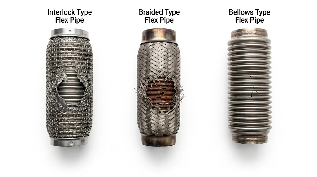 three flex pipe types interlock braided bellows comparison