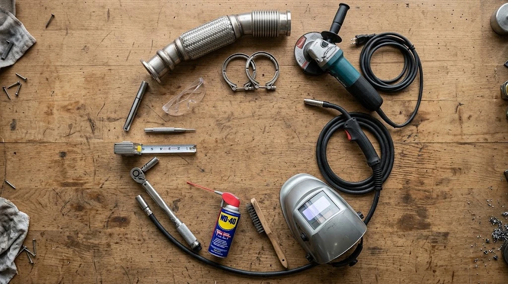 flex pipe installation tools flat lay workshop