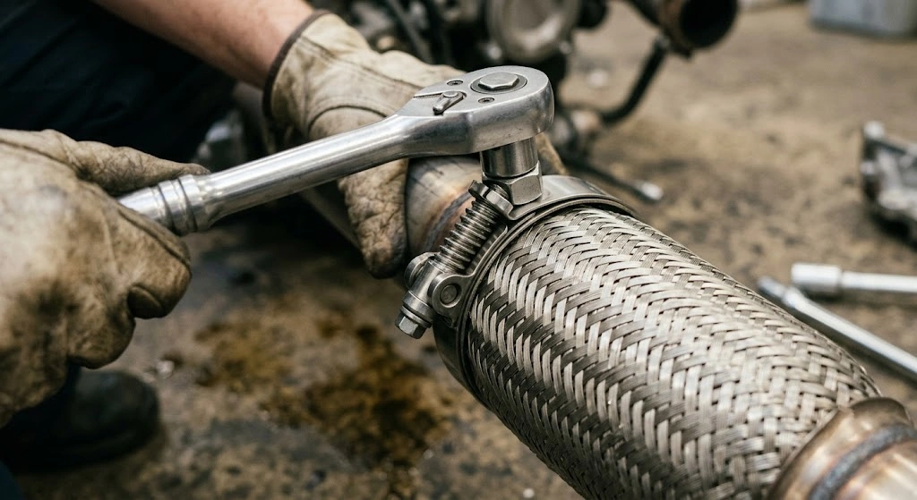 tightening exhaust clamp on flex pipe with wrench