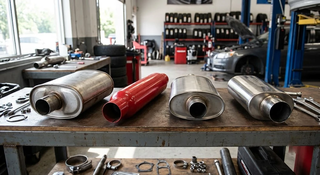 four muffler types chambered glasspack turbo straight-through comparison on workbench