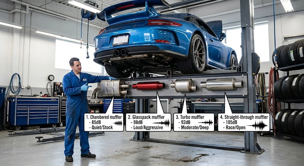 muffler types sound comparison decibel levels in professional workshop
