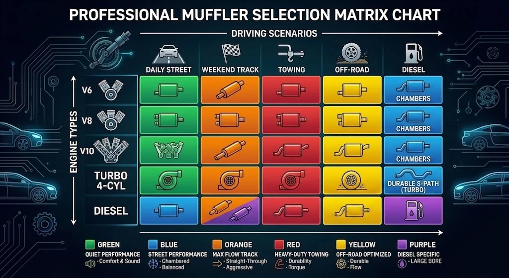 muffler selection matrix cross referencing engine type and driving scenario