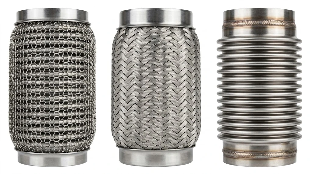 three types of exhaust flex pipe interlock braided bellows side by side