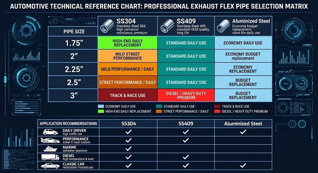 exhaust flex pipe selection matrix showing size material and application recommendations