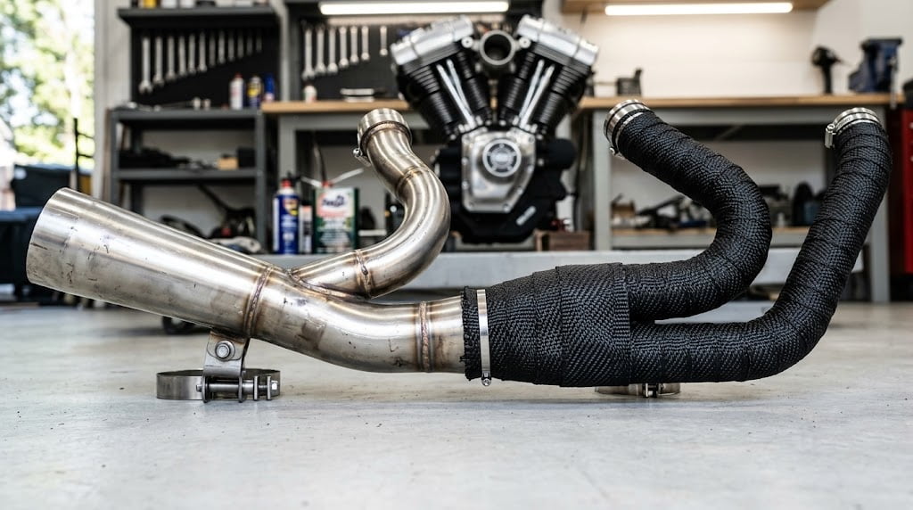 Exhaust pipe before and after heat wrap installation
