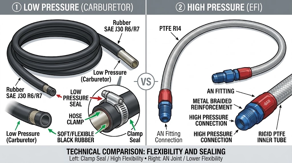 rubber and PTFE fuel line compared for small engine and EFI applications