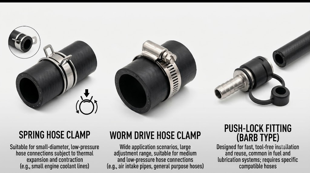 barb and push-lock fuel line fitting types used on small engines