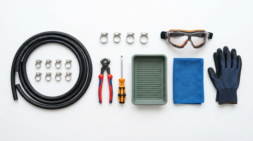 tools for replacing a lawn mower fuel line including a dedicated hose cutter, replacement hose, and clamps