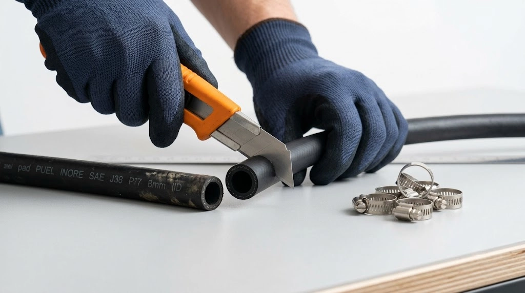 fuel hose cutter making a square cut on a quarter inch small engine fuel line
