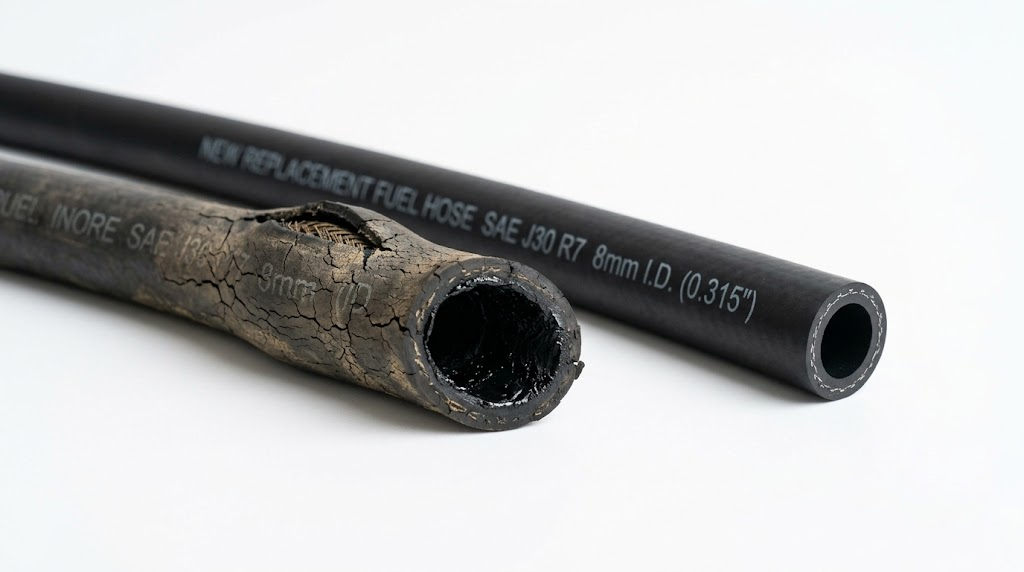hardened and cracked small engine fuel line removed from a lawn mower