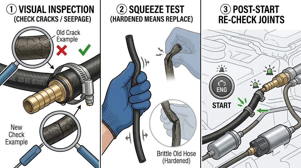 checking a lawn mower fuel line for leaks with a paper towel