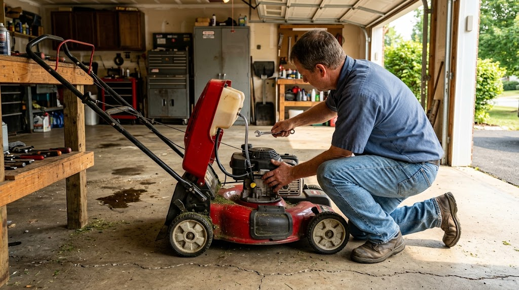 new rubber fuel line installed on a lawn mower routed clear of hot and moving parts
