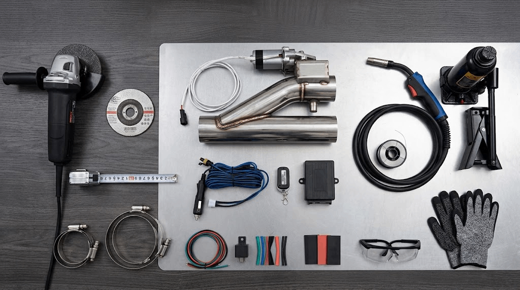 Exhaust cutout kit laid out on a bench with the Y-pipe, valve, angle grinder, welding unit, wiring harness, clamps and gloves