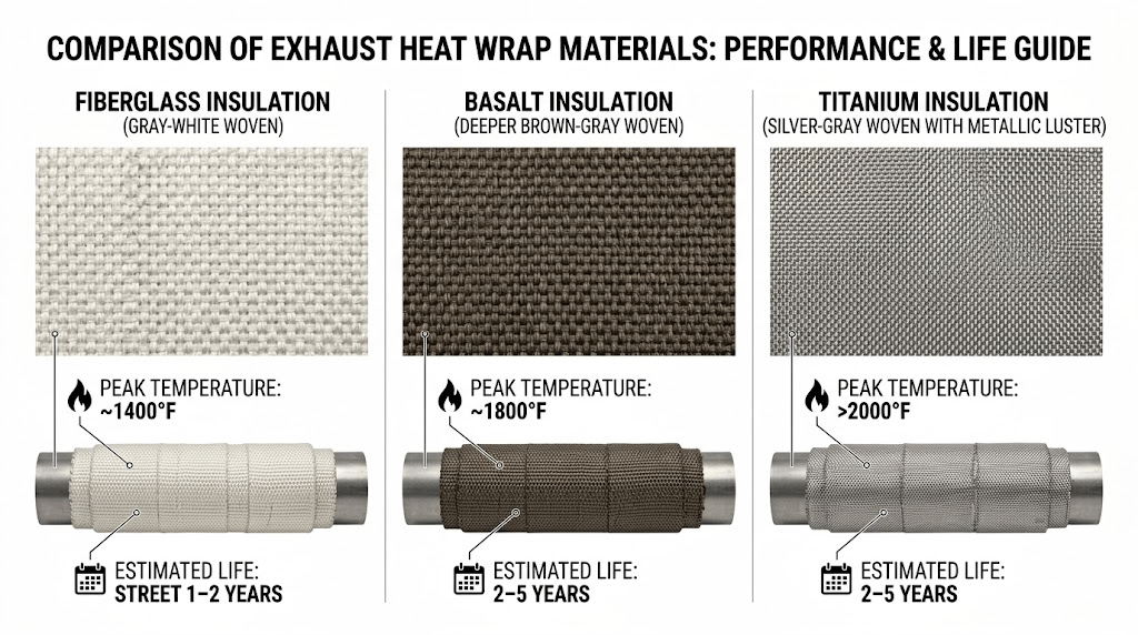 Comparison chart of fiberglass, basalt, and titanium exhaust heat wrap showing peak temperature ratings and street-service lifespan