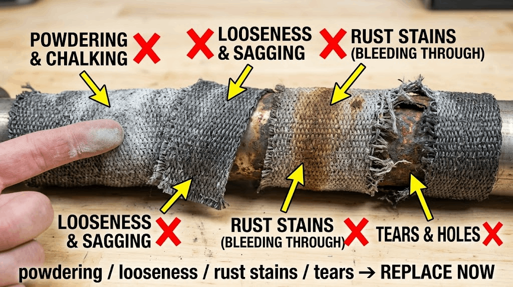 Worn exhaust wrap showing powdering, sagging, rust stains bleeding through the weave, and tears that mean replacement is due