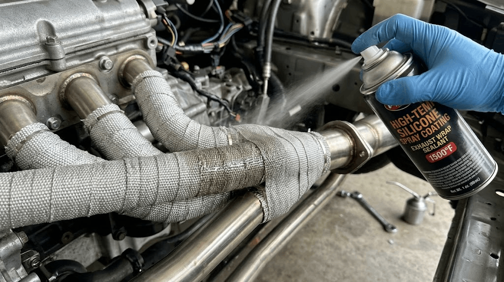 Spraying high-temp silicone coating onto freshly wrapped exhaust headers