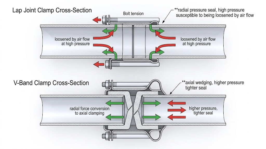 Cross-section diagram showing bolt tension sealing a lap joint versus axial wedging in a V-band clamp