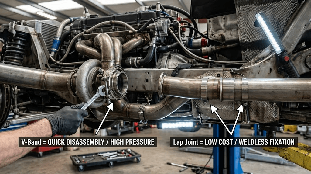 V-band clamp fitted at a turbo downpipe next to a lap joint elsewhere in the same exhaust