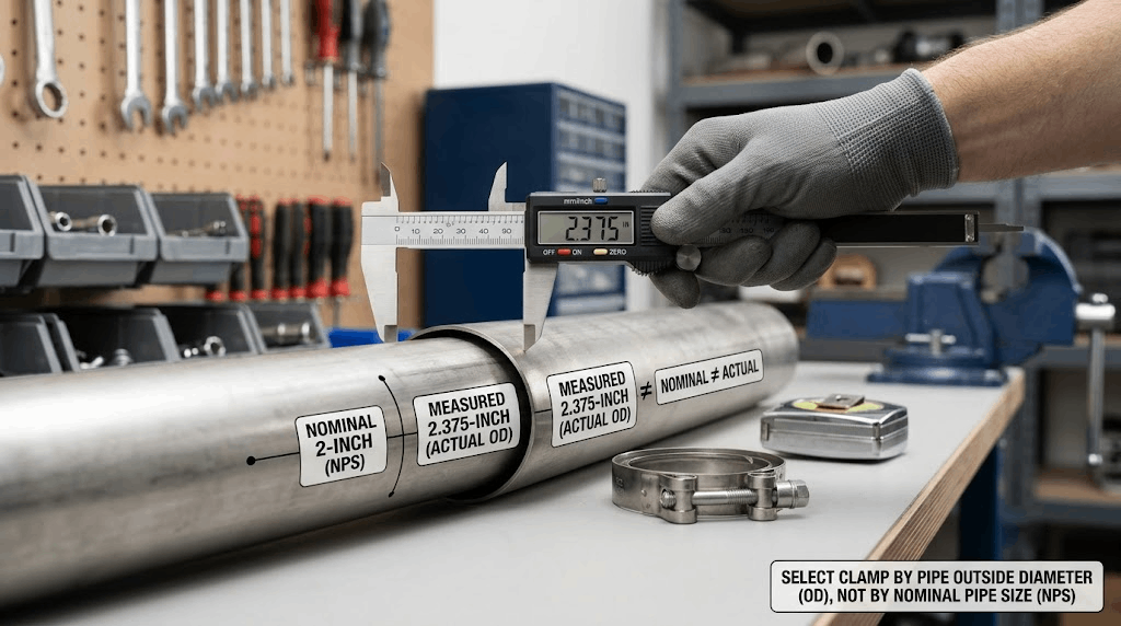 Digital calipers measuring a pipe's actual outside diameter, with nominal NPS size and 2.375 inch OD called out