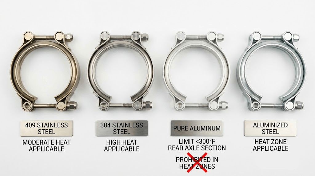409 stainless, 304 stainless, pure aluminium and aluminised steel exhaust clamps compared by heat tolerance