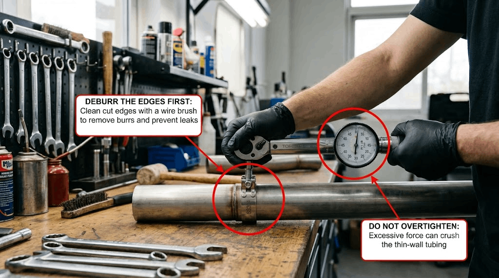 Deburring a cut pipe edge and checking clamp bolt torque with a torque wrench in a workshop