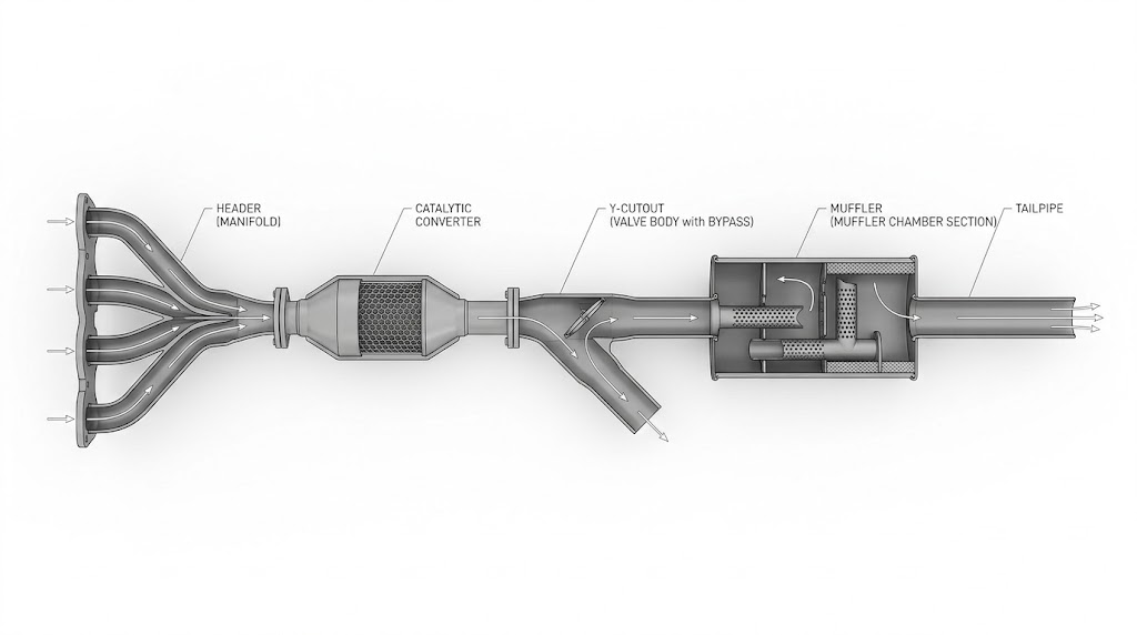 Diagram of an exhaust system showing where a cutout sits between the catalytic converter and the muffler