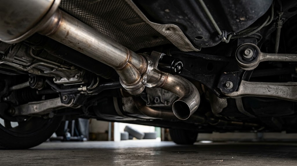 Cutout valve installed in the mid-pipe section of an exhaust system under a vehicle