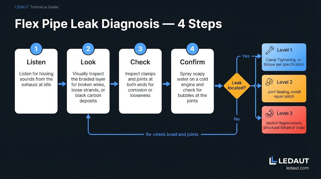 Four-step flex pipe leak diagnosis: listen, look, check, confirm, and the repair level each result points to