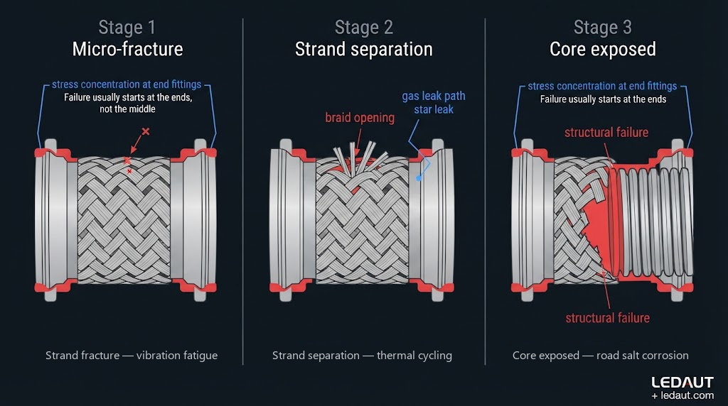 Three stages of braided flex pipe failure: strand fracture from vibration fatigue, strand separation from thermal cycling, and core exposed from road salt corrosion