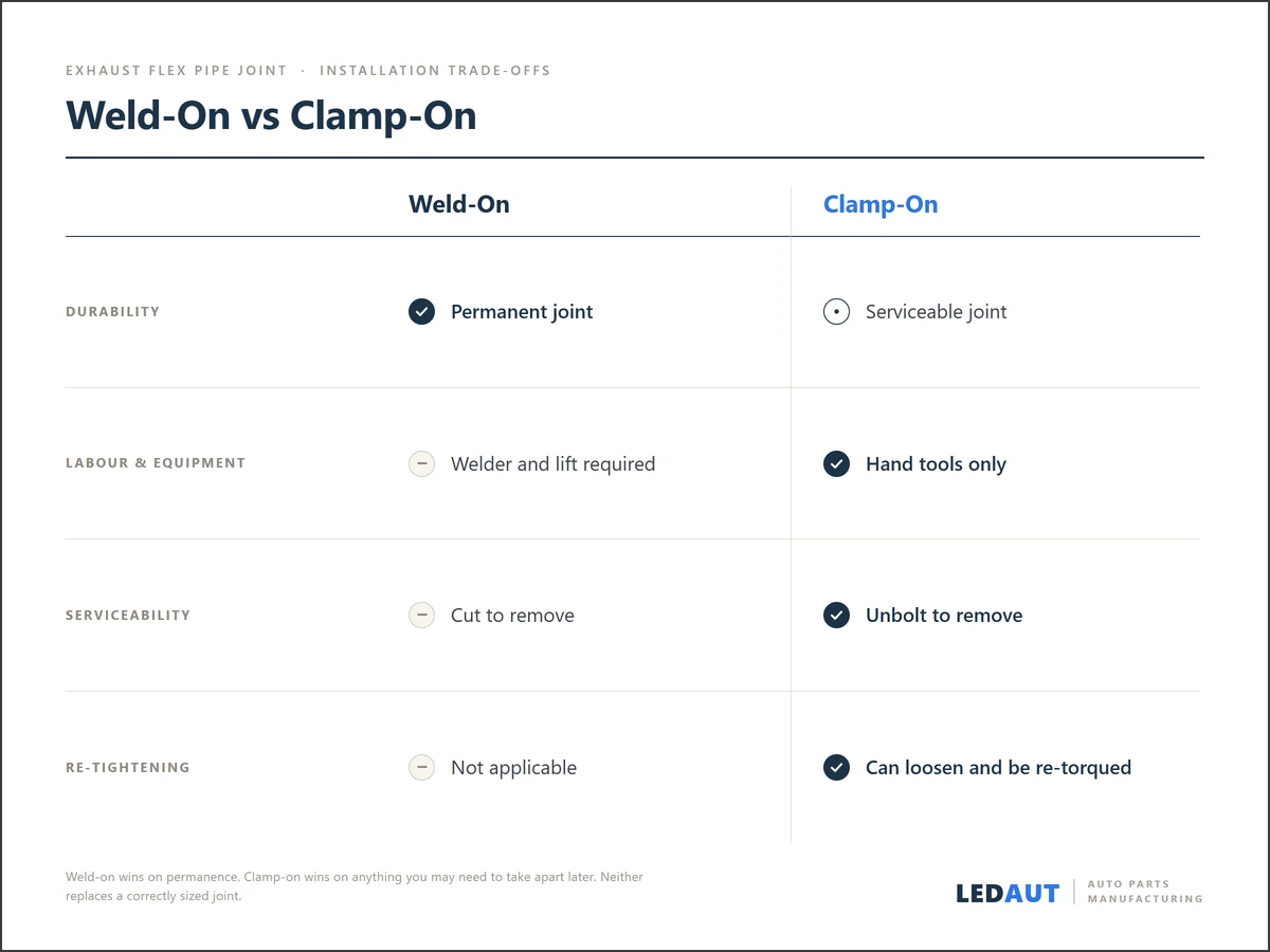 Weld-on vs clamp-on flex pipe joint compared by durability, labour and equipment, serviceability and re-tightening