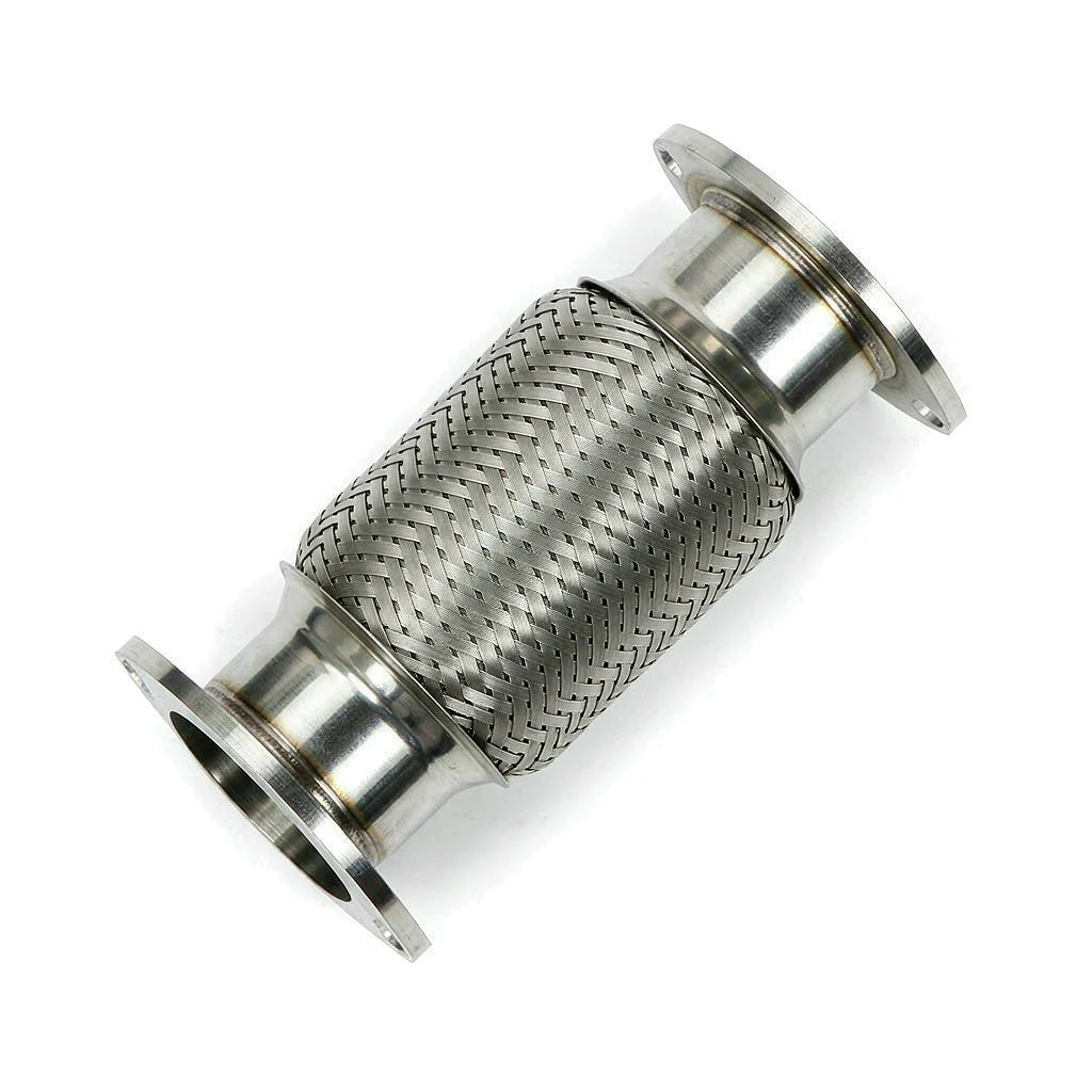 Braided stainless steel exhaust flex pipe with flanged ends, isolated on white